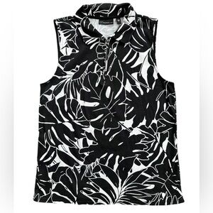 Rafaella Women's Soft Sleeveless 1/4 Zipper Fashion Top (Pressed Palms Black, L)